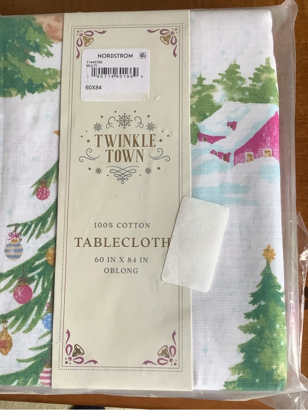 Festive Holiday Cotton Tablecloth with Green Tree, Reindeer and Cabin design - Picture 2 of 8